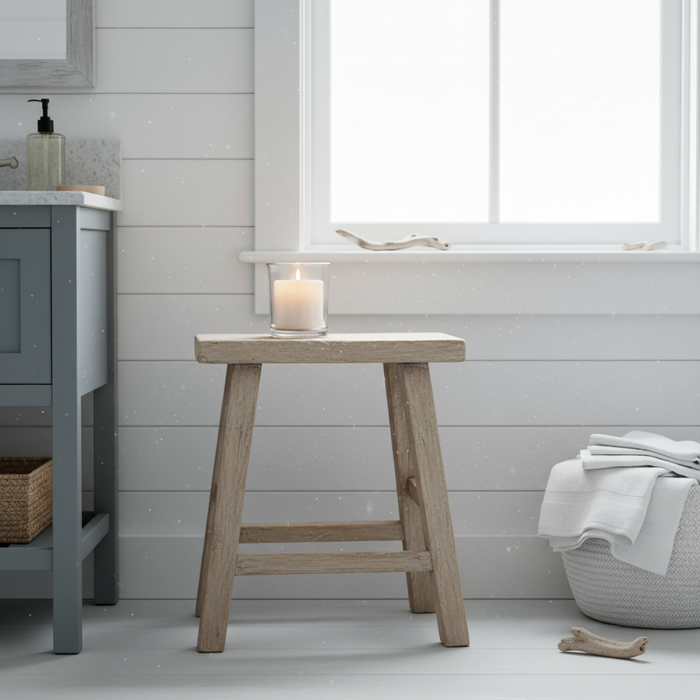 Bleached reclaimed elm stool for coastal home decor and natural Boho interiors