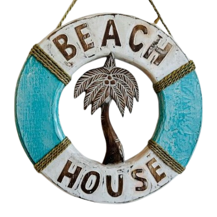 Decorative sign with 'Beach House' text and palm tree design on a white background