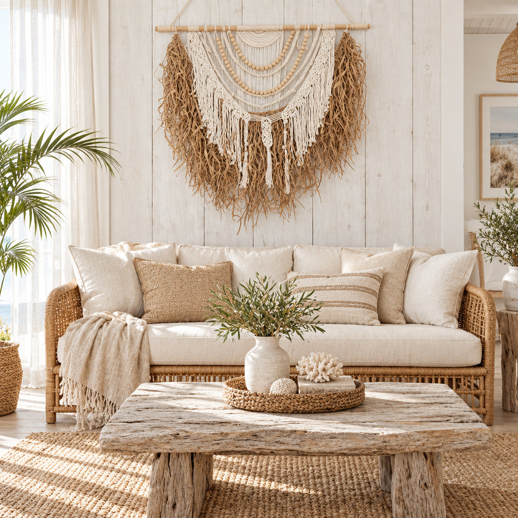 Boheme Raffia Macrame Wall Hanging with a natural wood dowel, cream cotton cord, wooden beads, and dried brown raffia fringe, displayed against a weathered white wooden fence.