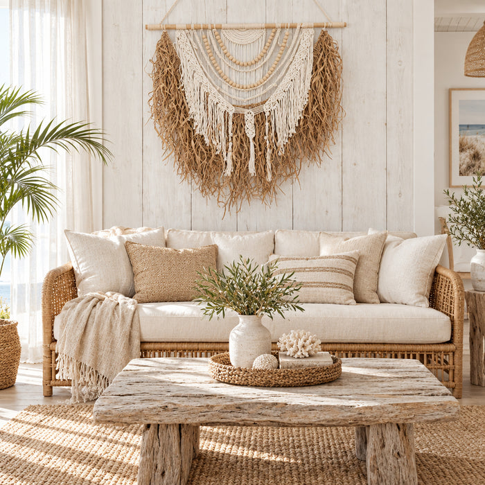 Boheme Raffia Macrame Wall Hanging with a natural wood dowel, cream cotton cord, wooden beads, and dried brown raffia fringe, displayed against a weathered white wooden fence.
