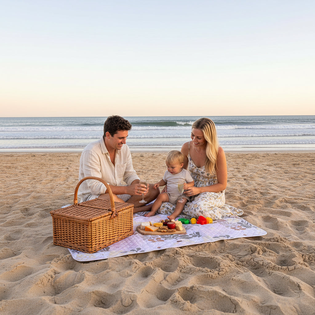 A rectangular picnic beach mat with a floral pattern in pastel pink, brown, and gray lies on the sand of a beach, with the ocean and sky in the background.