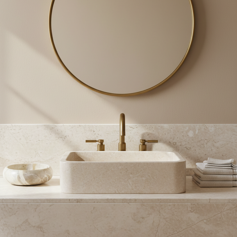 A round stone soap dish with a natural travertine pattern in shades of beige, cream, and light brown, isolated on a white background.