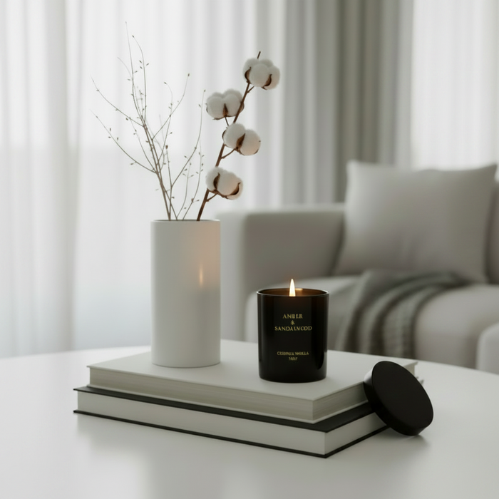 Cerería Mollá 1899 Amber and Sandalwood soy candle in elegant glass jar for coastal home décor