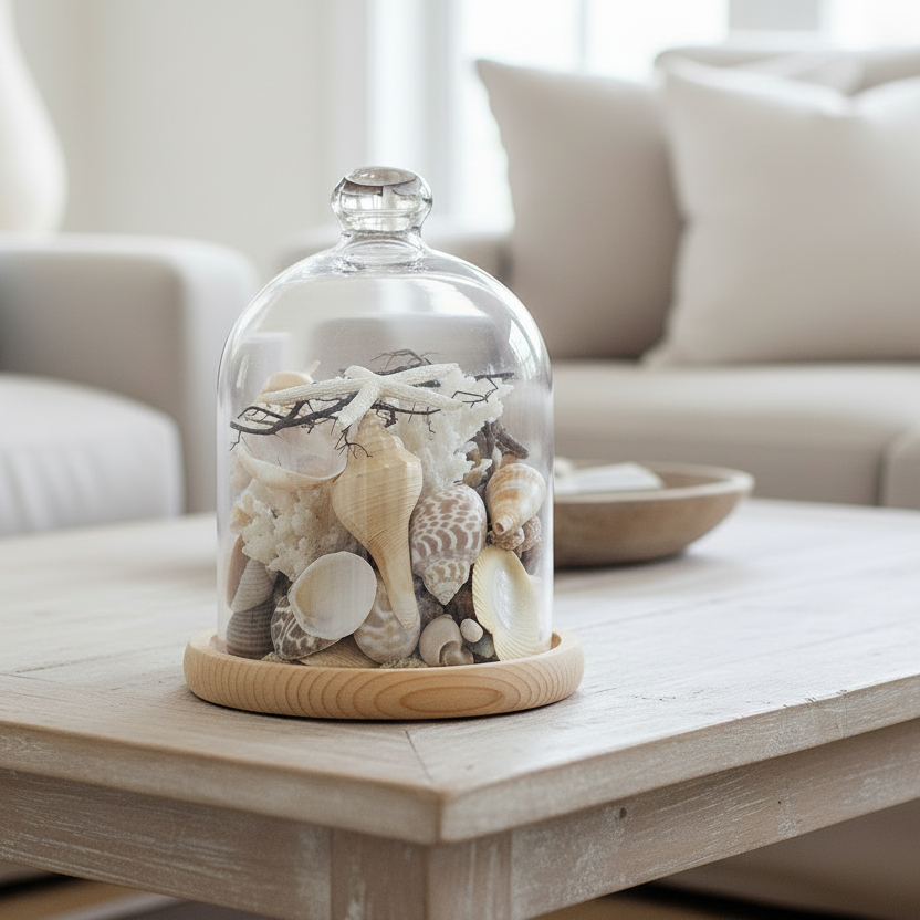 Sea shells and coral in a glass cloche jar on a coffee table in a coastal beach house