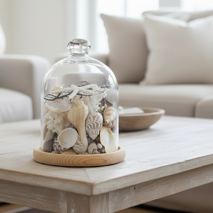 Glass dome with seashells on a wooden coffee table in a living room.