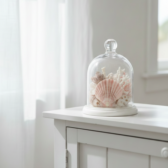 Glass cloche jar filled with pastel blush pink sea shells
