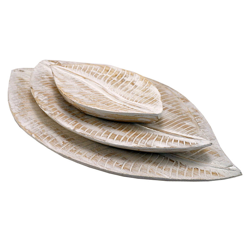 Carved Wooden Leaf Tray Whitewash  