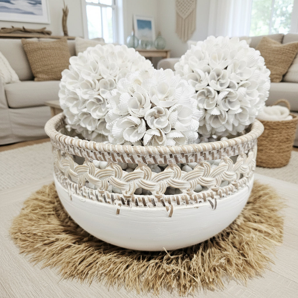 Balinese handmade shell balls in a handcarved bowl in an Australian Coastal Beach House