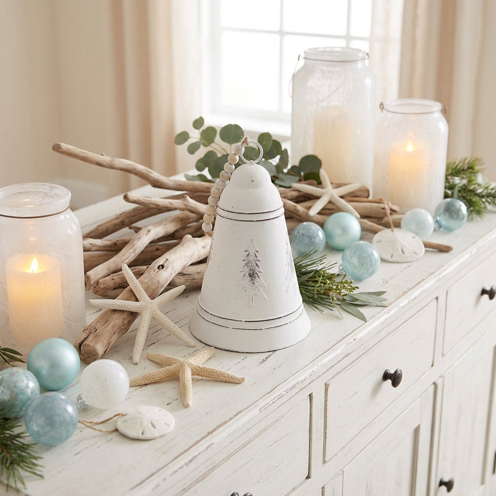 Shop our rustic white metal Christmas bell featuring a distressed vintage finish and chunky wooden beads. Perfect for farmhouse Christmas decorating.