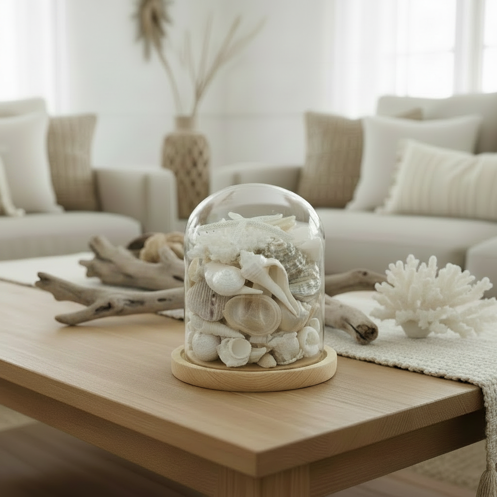 Decorative glass dome with seashells on a wooden coffee table in a living room.