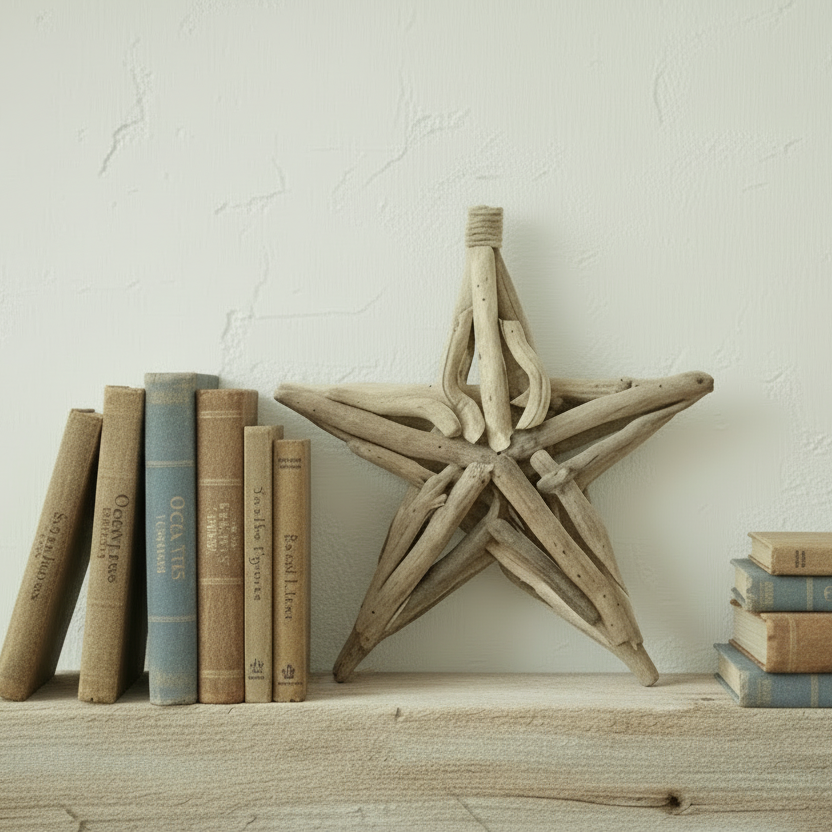 A rustic five-point star decoration made from natural driftwood branches, displayed on a clean white reflective surface.