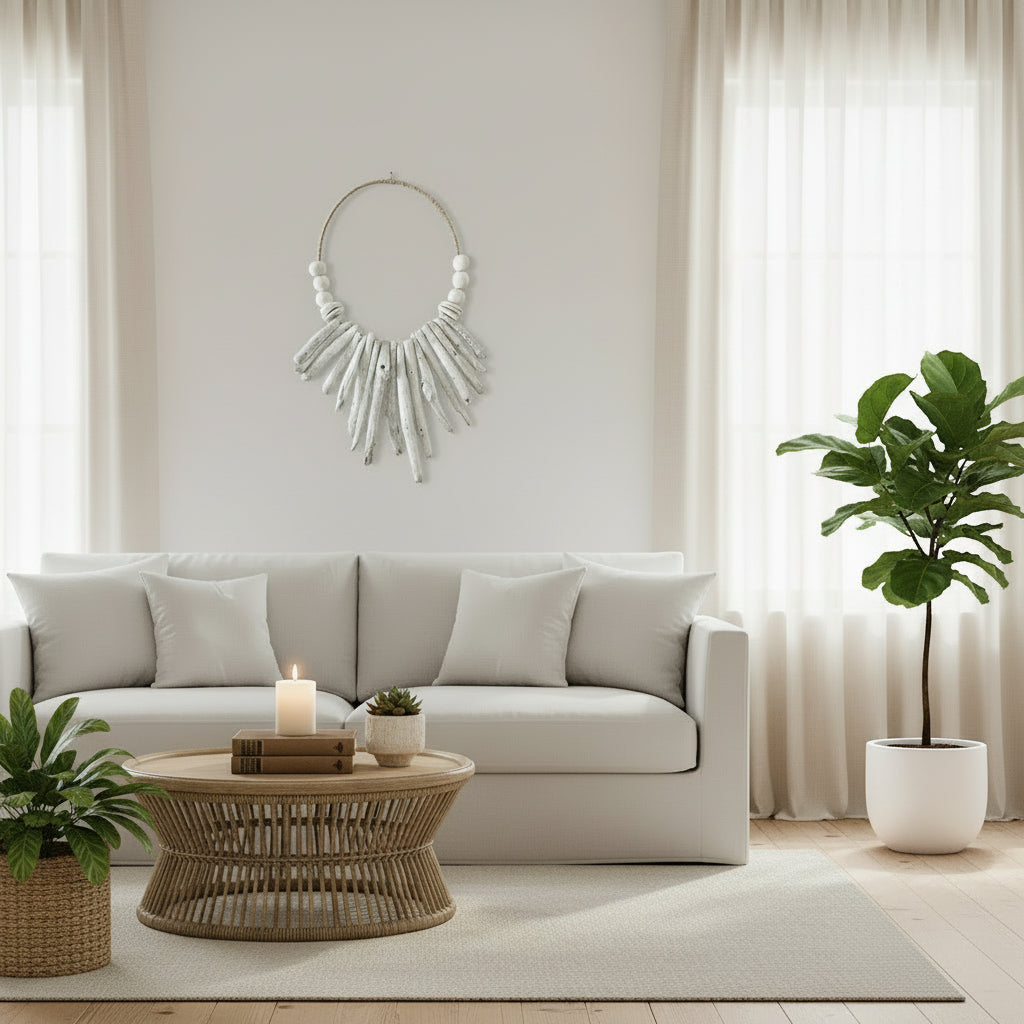 A bohemian-style wall hanging necklace made from natural driftwood pieces and hand rolled white beads in a neutral coastal contemporary beach house