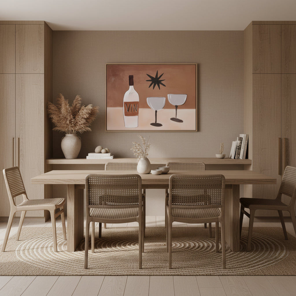 Framed artwork of a wine bottle and glasses on a brown background in a modern coastal contemporary home