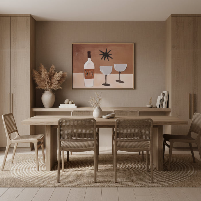 Framed artwork of a wine bottle and glasses on a brown background in a modern coastal contemporary home