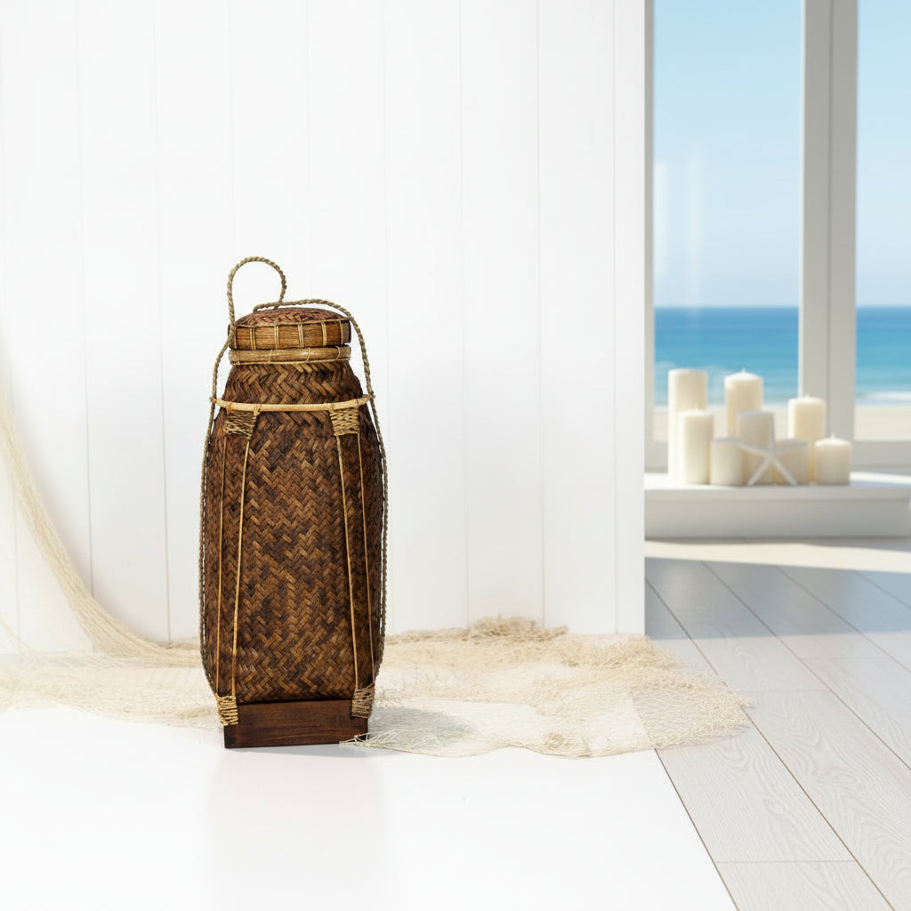 Decorative balinese fishing bait basket for coastal beach house interiors
