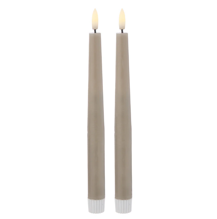 Luxe Flameless Flickering Taper Candle Set with realistic LED flames in elegant candle holders.