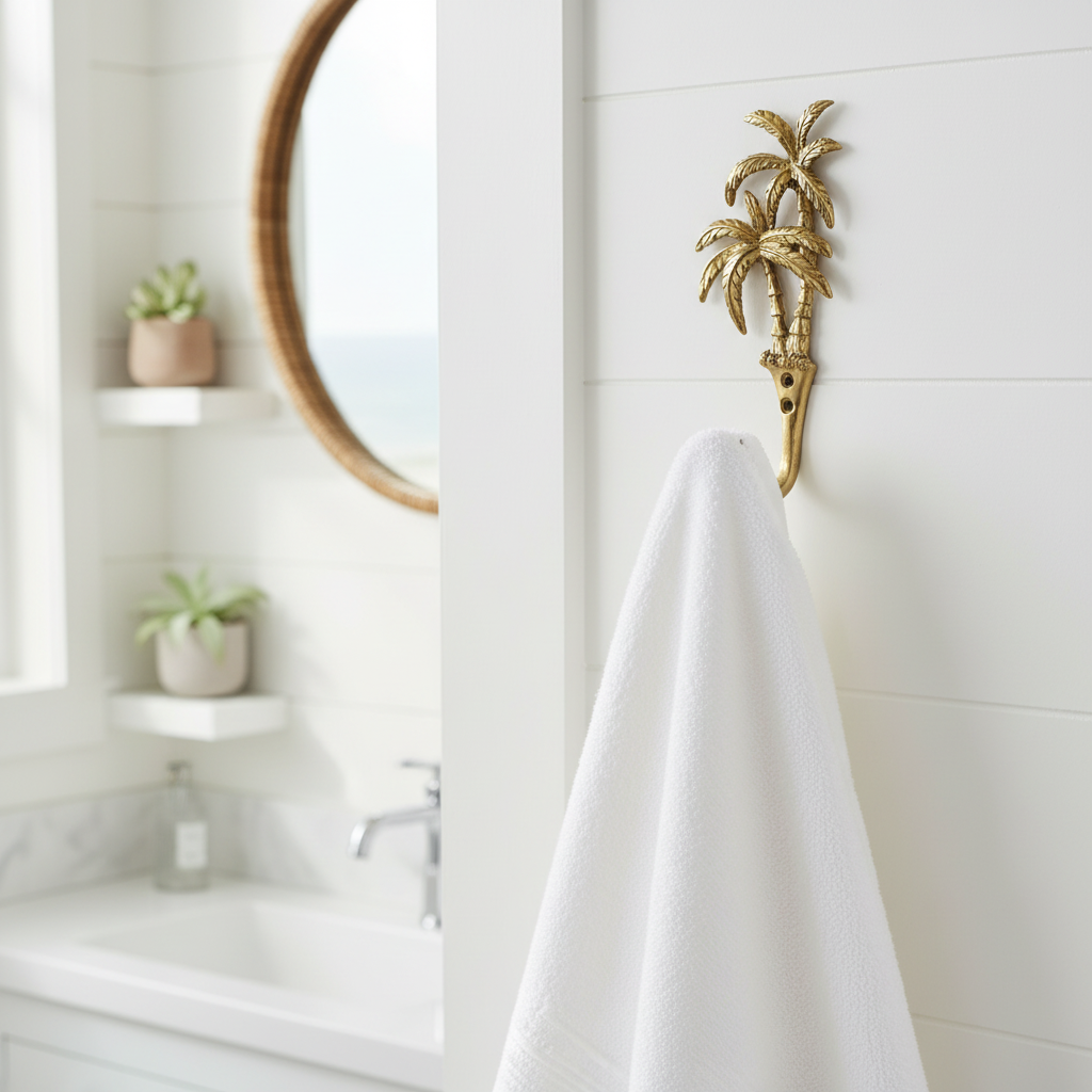 Brass palm tree hook on a white background in a coastal bathroom