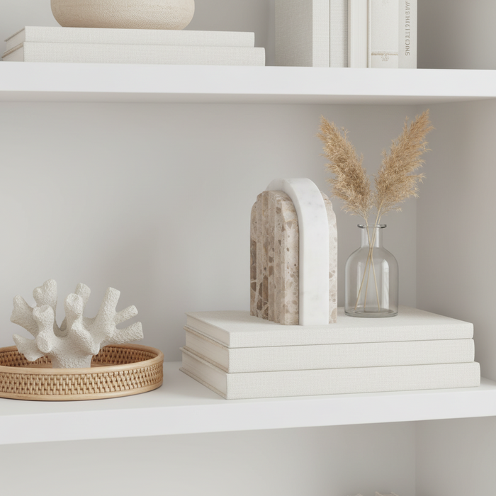 A pair of modern bookends made from natural travertine stone and white marble, shown from both front and side profiles on a white background.