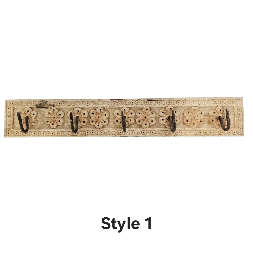 Vintage Indian Carved Wooden Wall Panel | 5 Hook