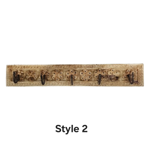 Vintage Indian Carved Wooden Wall Panel | 5 Hook