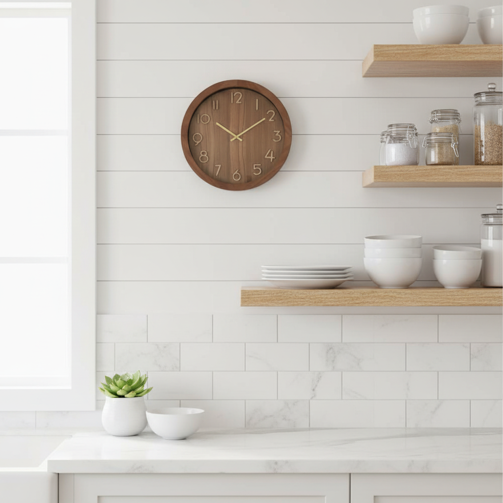 Round wall clock with a medium brown wood grain face and frame, featuring light beige numerals and gold-toned hands, shown against a plain white background.