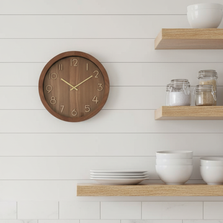 A round wooden wall clock with gold-tone hands and numerals hangs on a white shiplap wall above a marble countertop with white bowls, jars, and floating shelves.