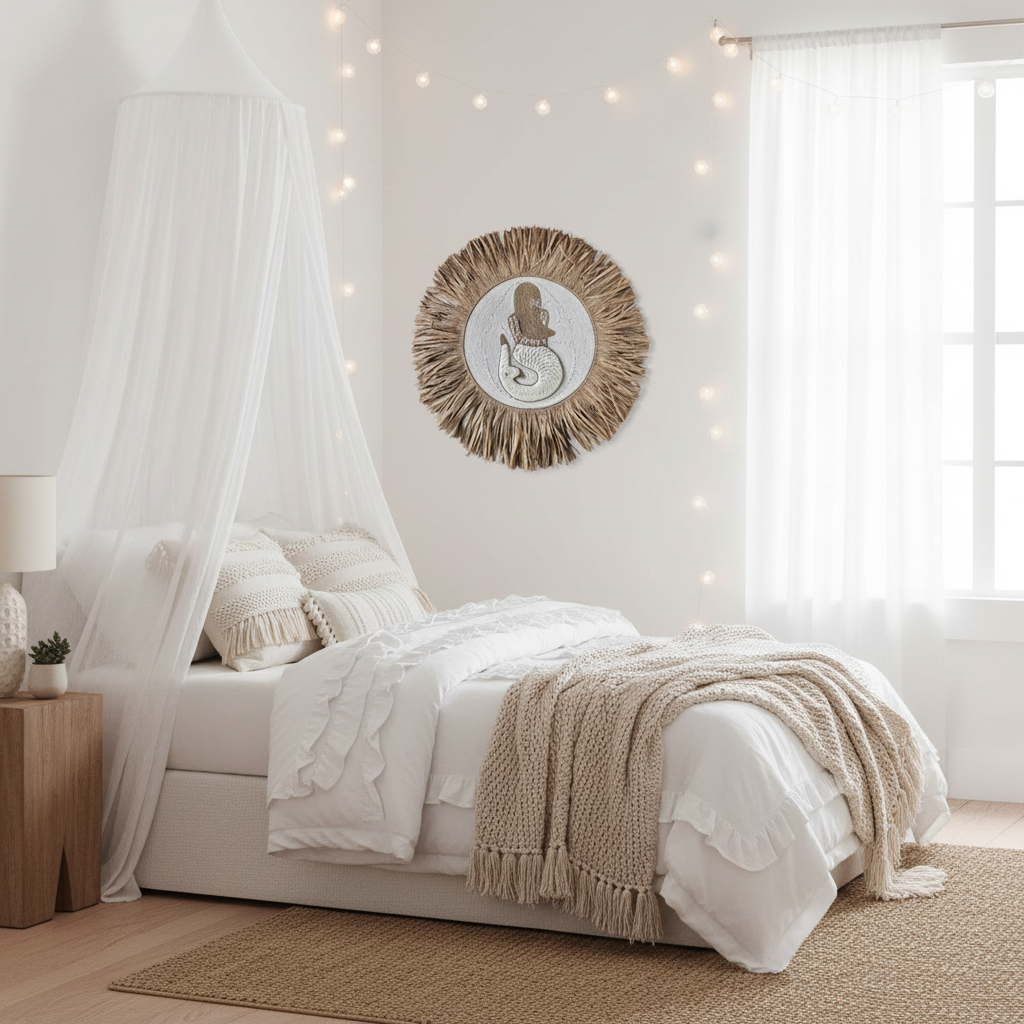 Discover the Indie Shell Mermaid & Raffia Wall Hanging, handcrafted in Bali with natural shells, cotton rope and raffia. A statement piece for boho coastal homes.