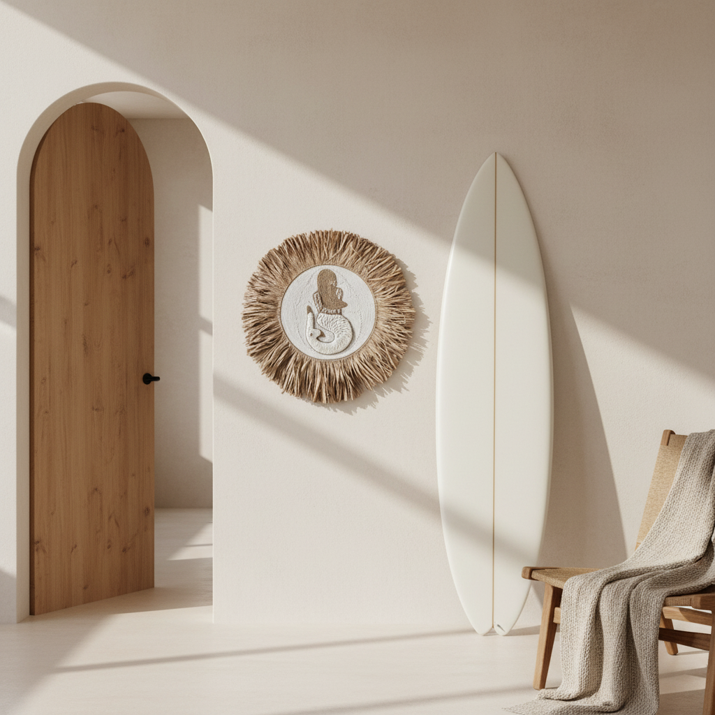 A circular decorative wall hanging or plaque with a natural straw-colored frayed border and a central raised relief showing a mermaid figure on a light beige background, isolated on a white backdrop.