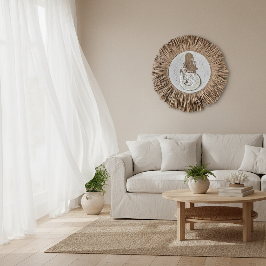 Discover the Indie Shell Mermaid & Raffia Wall Hanging, handcrafted in Bali with natural shells, cotton rope and raffia. A statement piece for boho coastal homes.