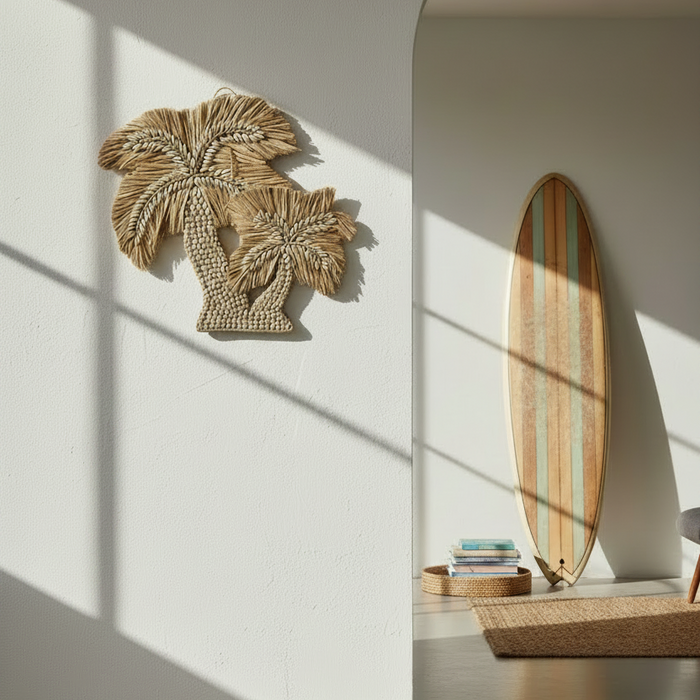 Handcrafted in Bali, the Isla Palm Seagrass Wall Hanging features natural seagrass and cowrie shell detailing for relaxed coastal styling.