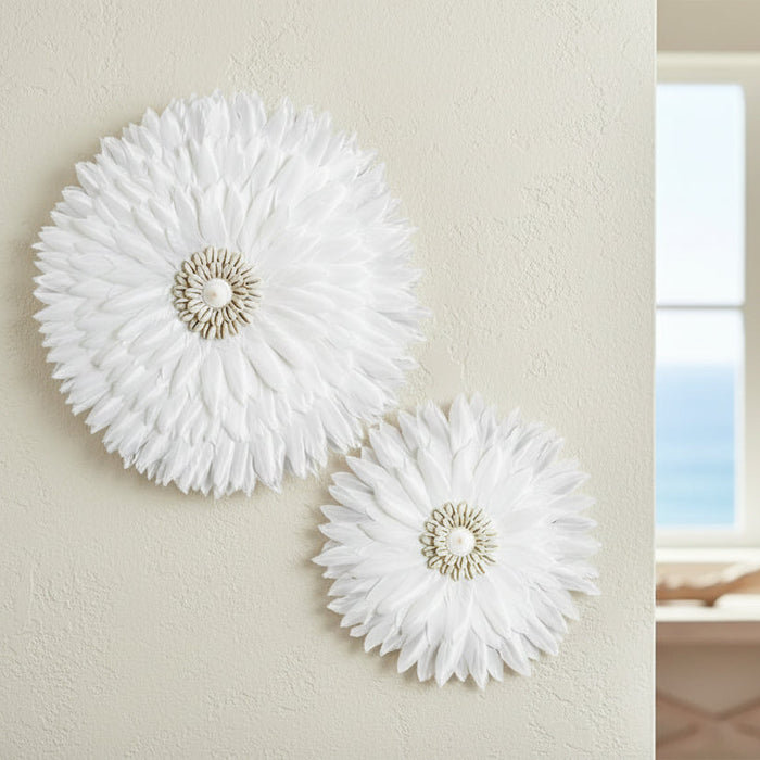 Balinese coastal beachhouse wall decor fluffy white feather and shell wall haning
