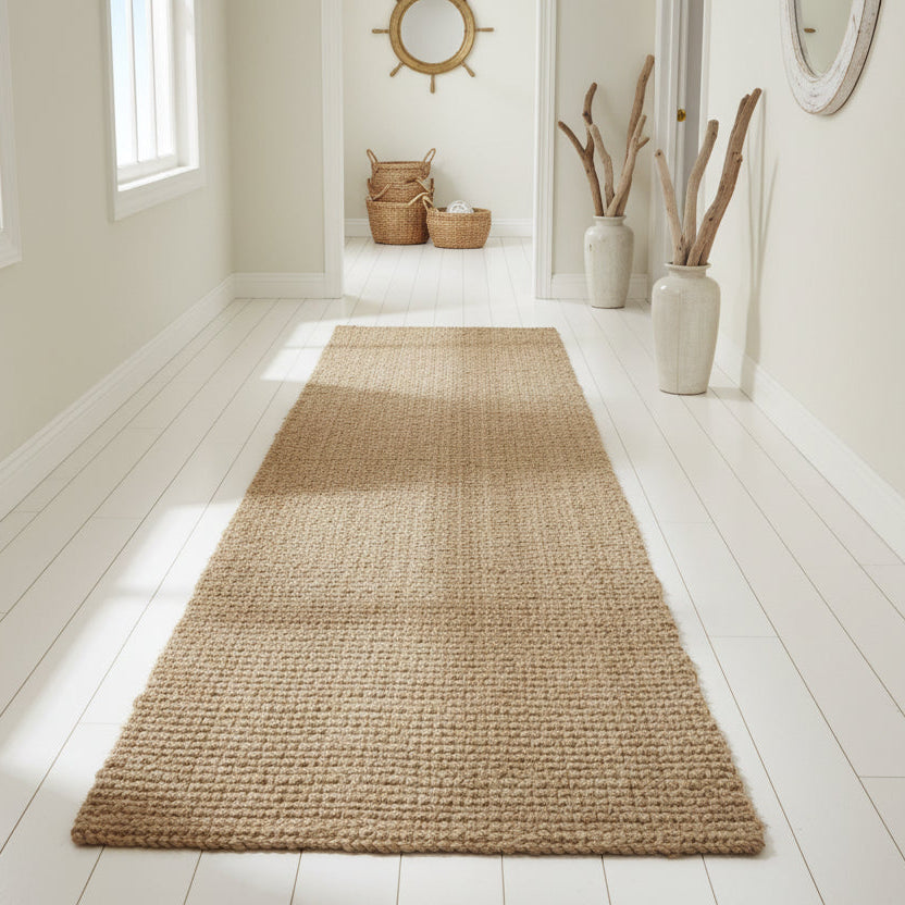 Heavy duty coastal jute rug made from natural fibers for beach house and Boho interiors