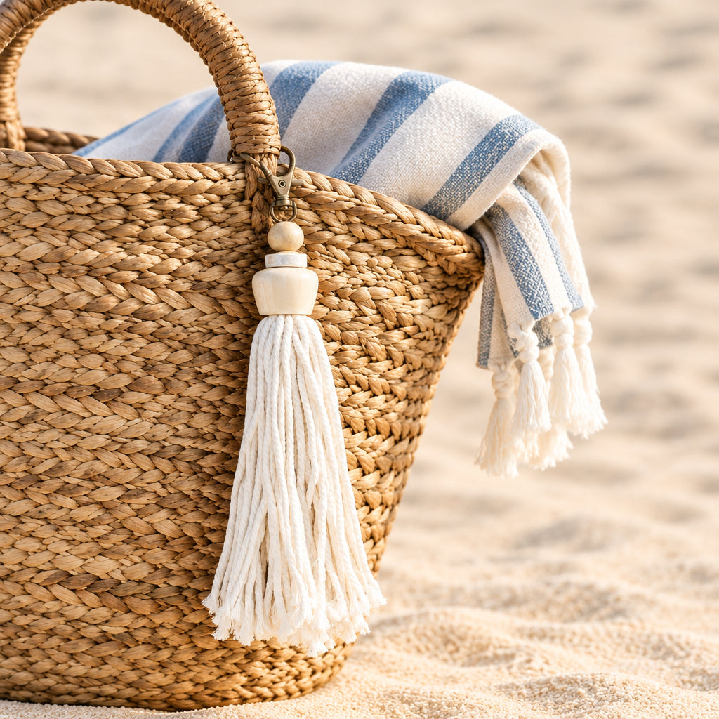 A bohemian-style tassel keychain featuring a cream cotton tassel, a light wood accent, a small natural wood bead, and a black metal lobster clasp, displayed against a rustic wooden plank background.