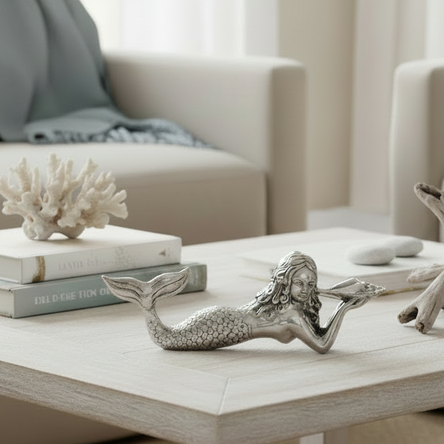 Mermaid Laying with Conch Shell | Silver