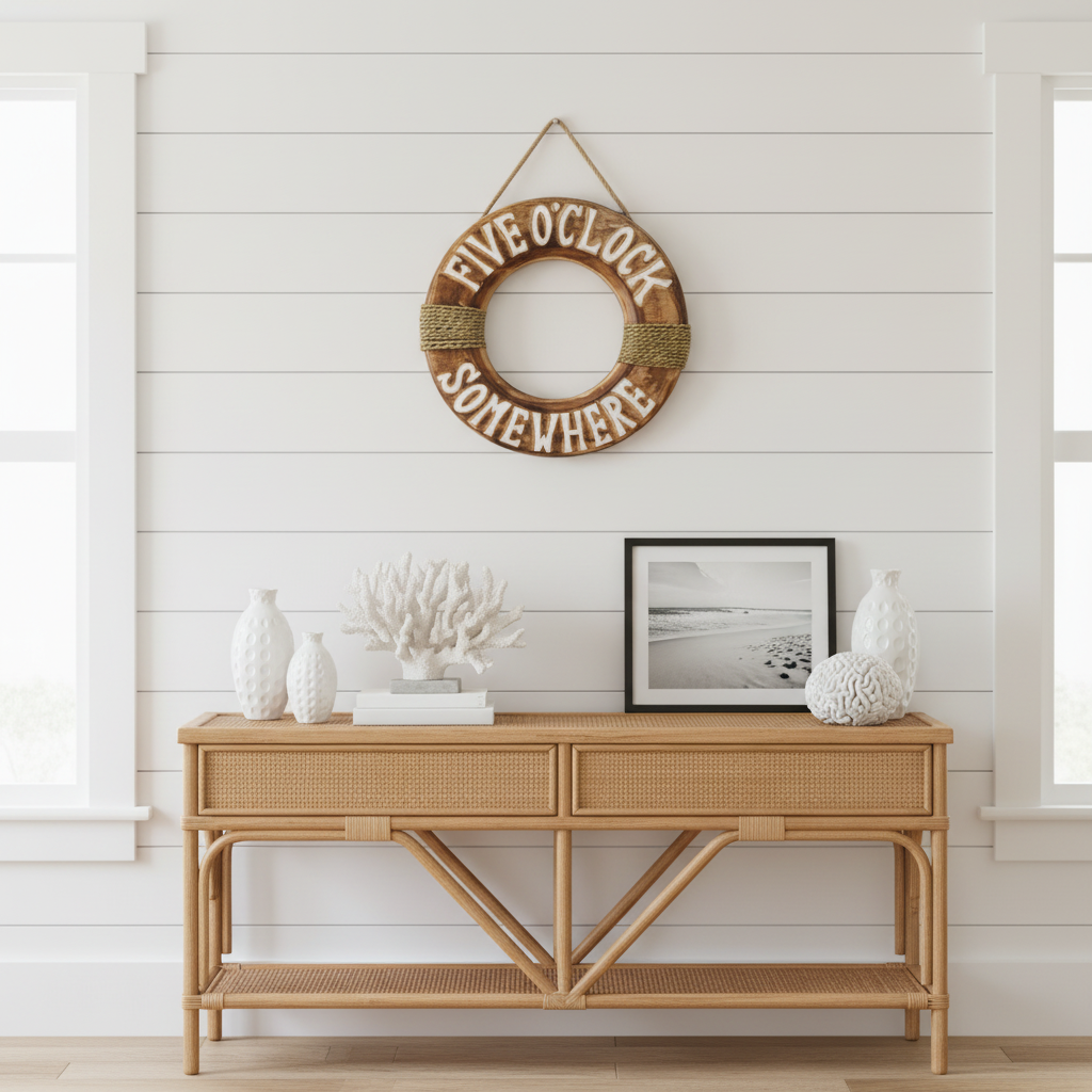 Wooden life buoy wall hanging 45 cm with “Five O’Clock Somewhere” text coastal nautical home decor wall art