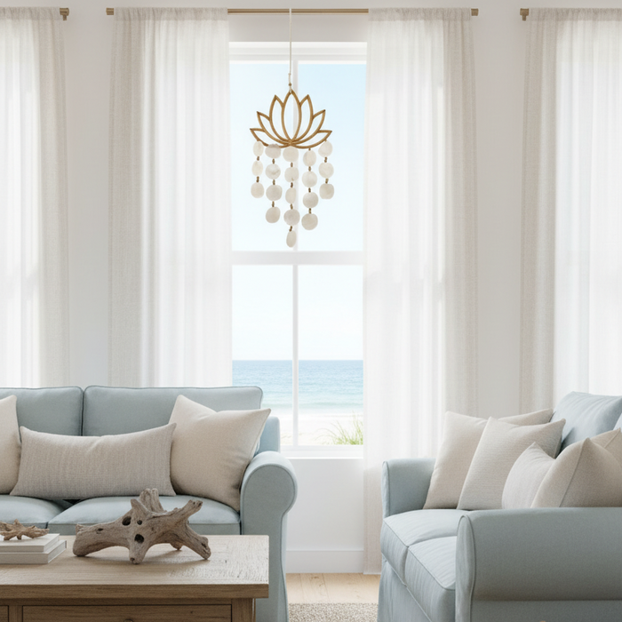 Lotus_Wind_Chime_White Capiz Shells handmade in Bali for indoor or outdoor coastal beach house