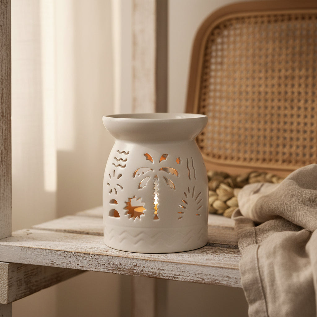 White ceramic oil burner with palm tree decorative cut-out patterns on a white surface beach house coastal interiors