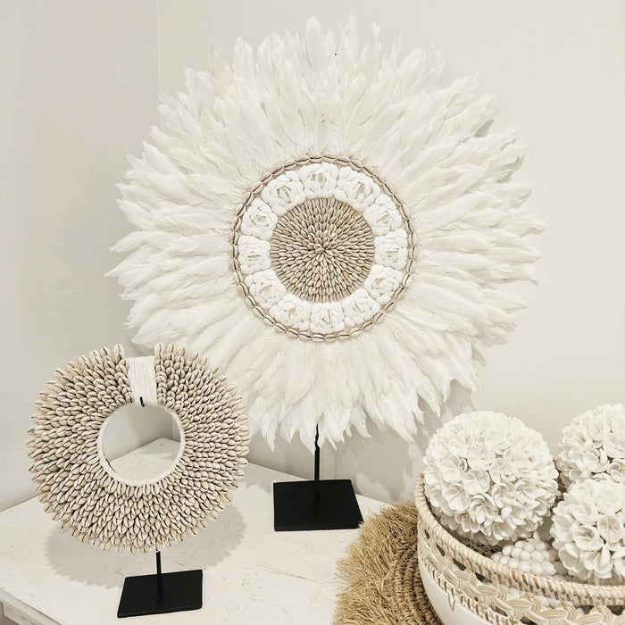 Luna Feather + Shell Halo Decorative Necklace on Stand