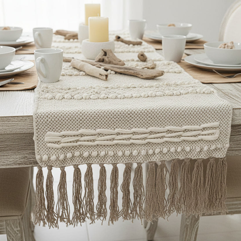 Beige table runner with fringe on a wooden dining table boho coastal beach house decor