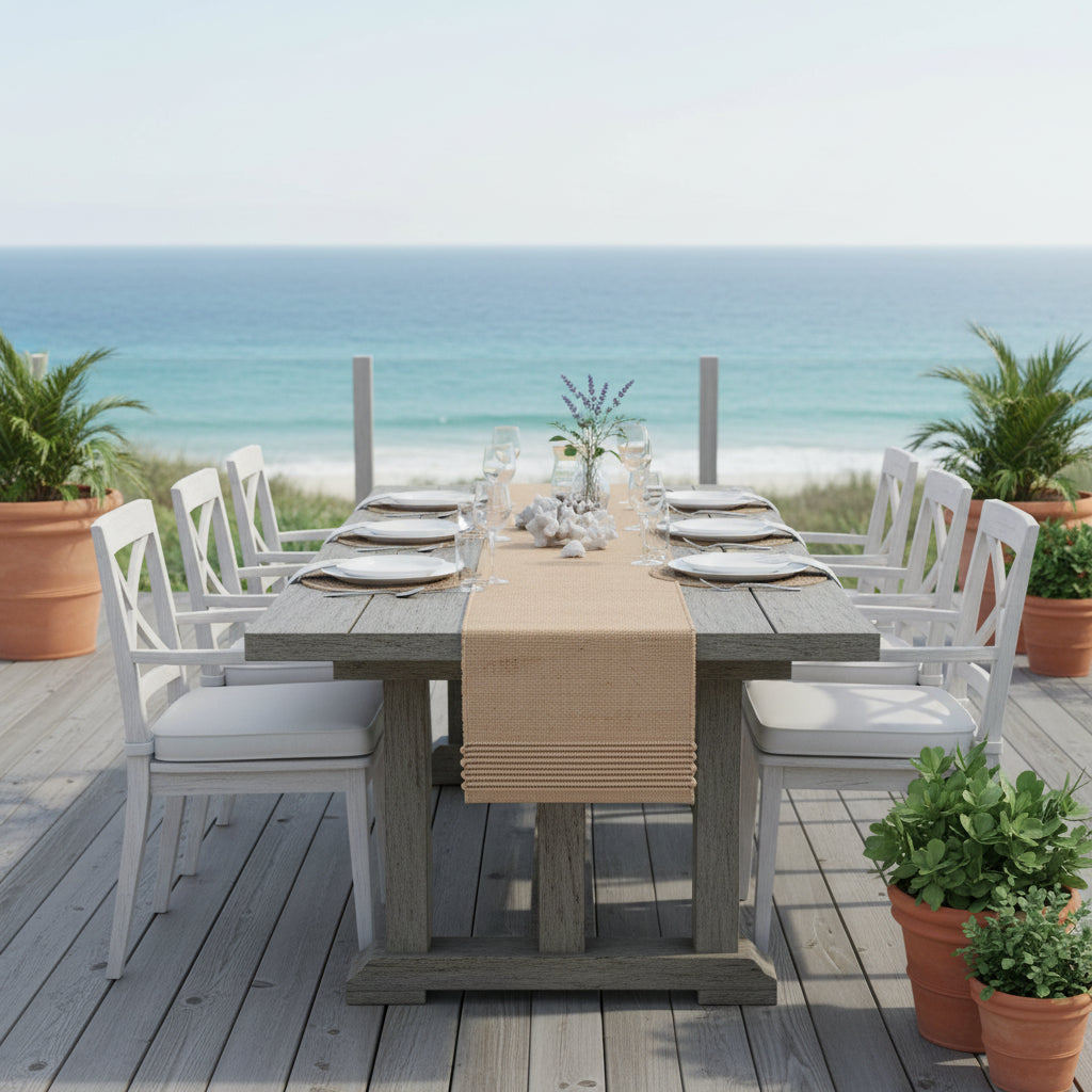 Marle Table Runner in natural jute, styled on a wooden table with boho décor, candles, ceramics, and woven placemats