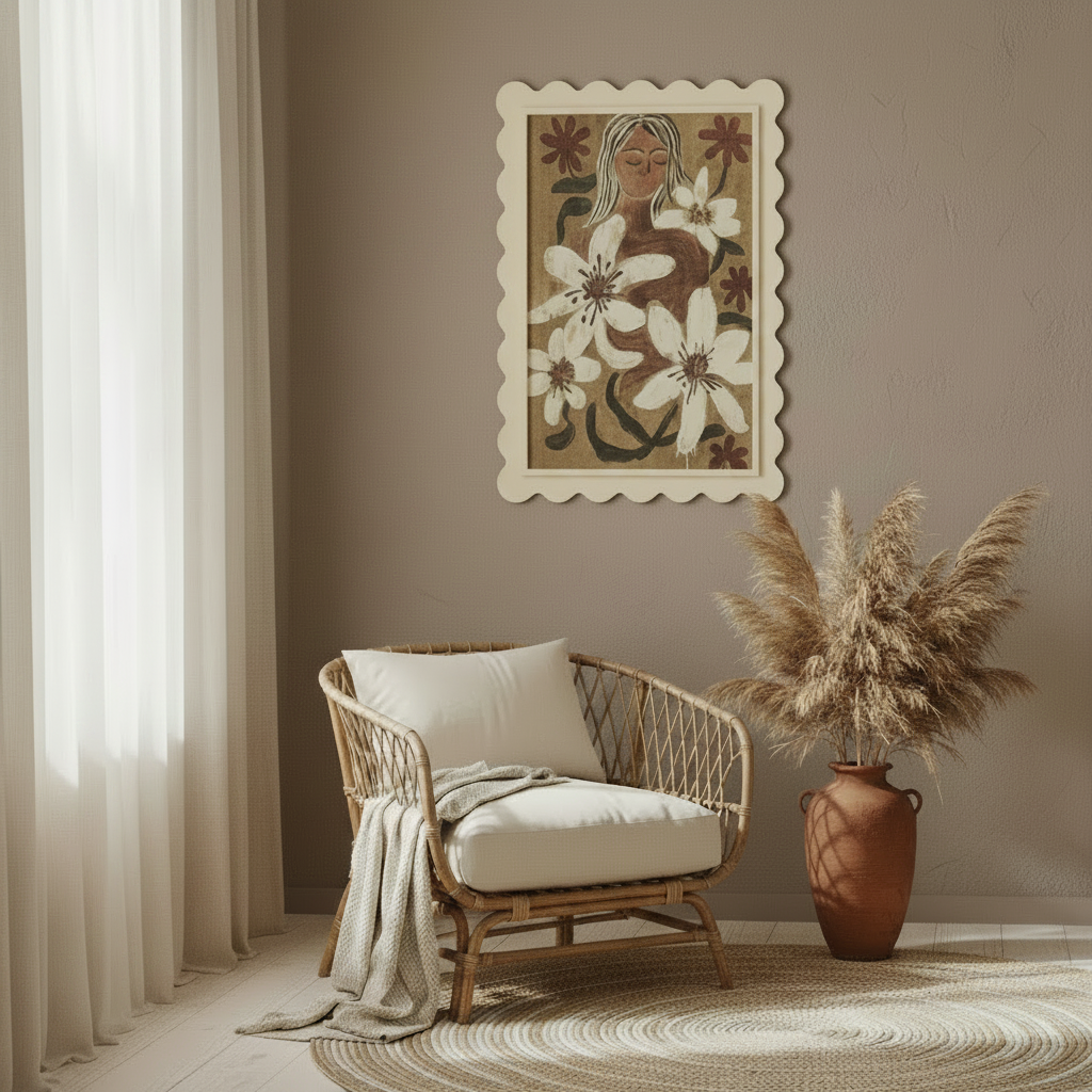 Add warmth and character to your home with the Meadow Framed Print. Featuring folk art-inspired artwork in a cream scalloped frame, this 42 x 60 cm print is perfect for boho, coastal, and modern organic interiors.