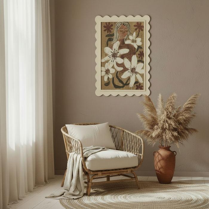 Add warmth and character to your home with the Meadow Framed Print. Featuring folk art-inspired artwork in a cream scalloped frame, this 42 x 60 cm print is perfect for boho, coastal, and modern organic interiors.