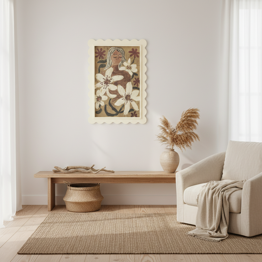 Add warmth and character to your home with the Meadow Framed Print. Featuring folk art-inspired artwork in a cream scalloped frame, this 42 x 60 cm print is perfect for boho, coastal, and modern organic interiors.