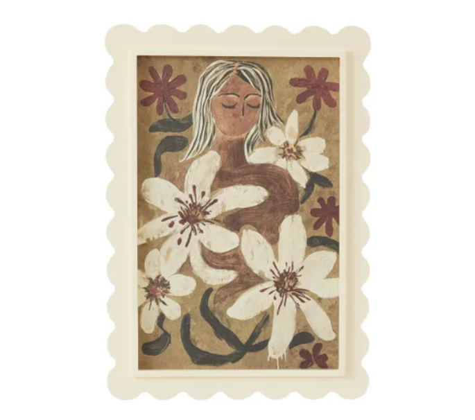 Add warmth and character to your home with the Meadow Framed Print. Featuring folk art-inspired artwork in a cream scalloped frame, this 42 x 60 cm print is perfect for boho, coastal, and modern organic interiors.