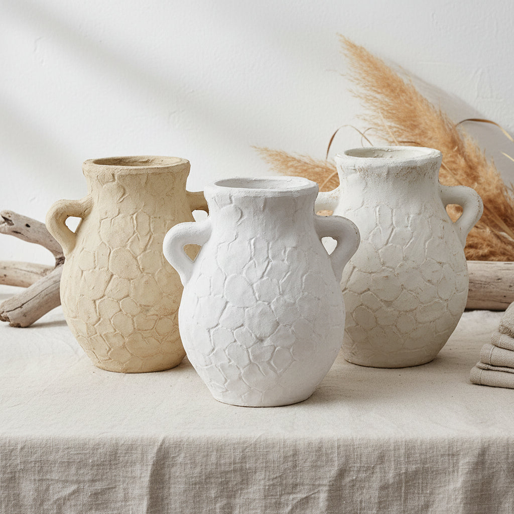 Textured urn with mediterrean coastal beach house decor