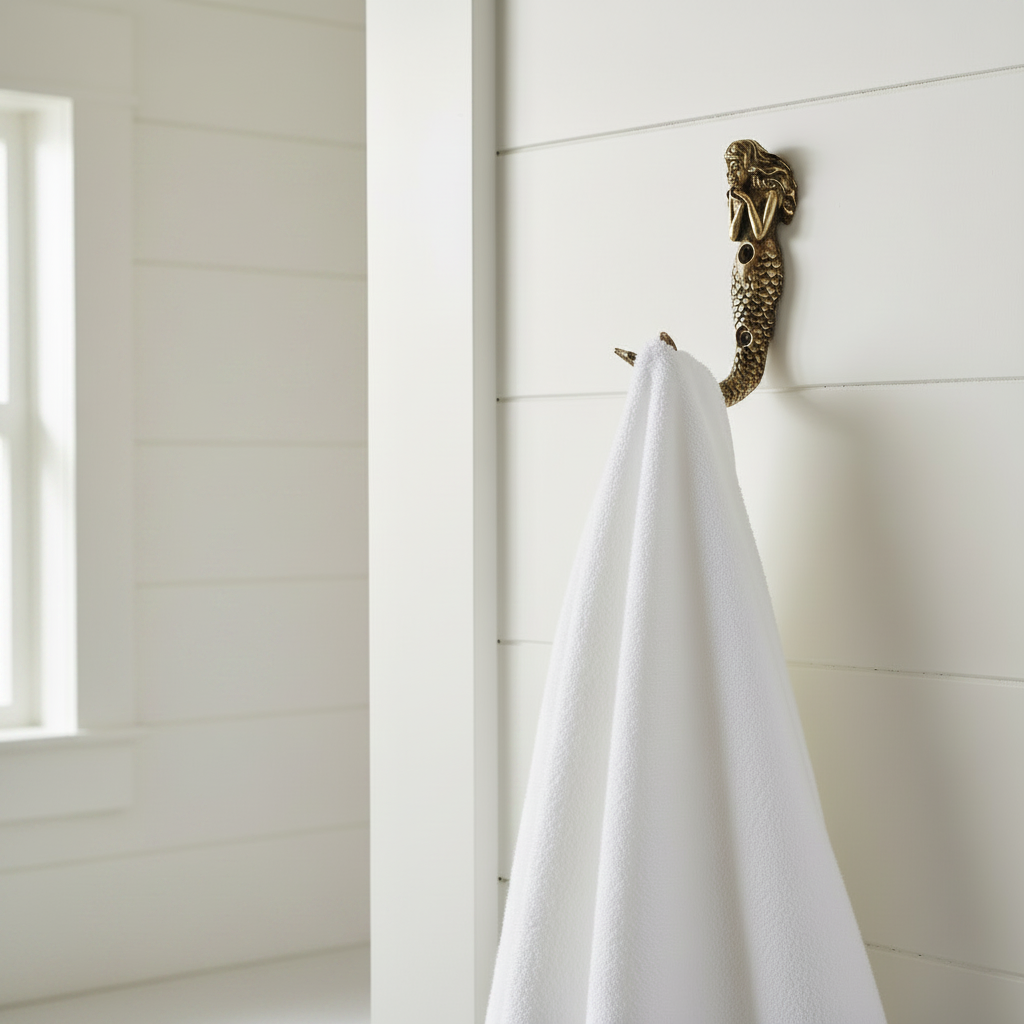 Bronze mermaid figurine on a white background in a coastal home