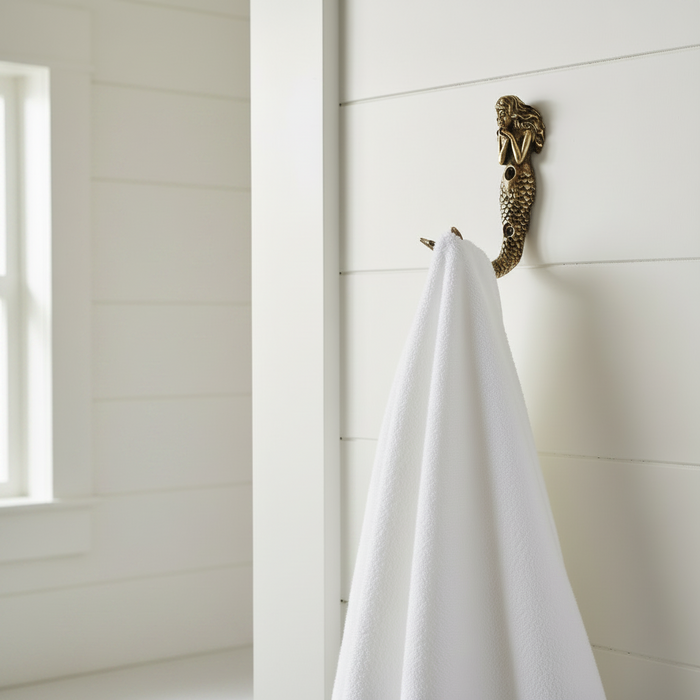 Bronze mermaid figurine on a white background in a coastal home
