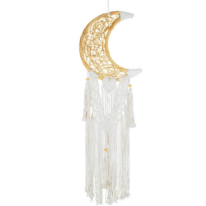 Decorative moon-shaped macrame and rattan wall hanging dreamcatcher with white tassels on a white background