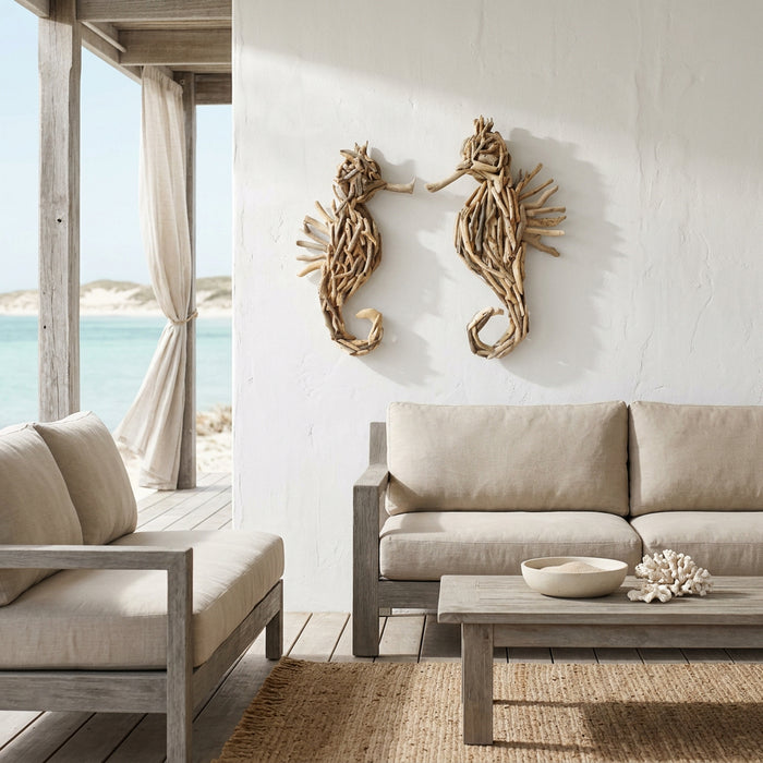 Add coastal charm to your home with Mr & Mrs Finn handcrafted driftwood seahorse wall art. Unique rustic décor for beach houses and Hamptons interiors.