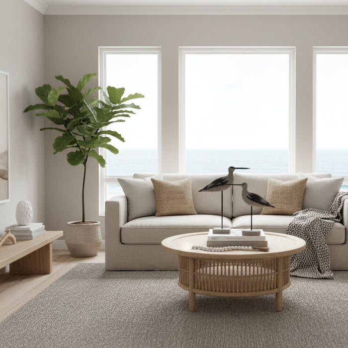 Decorative wooden sea birds in muted greige for coastal beach house